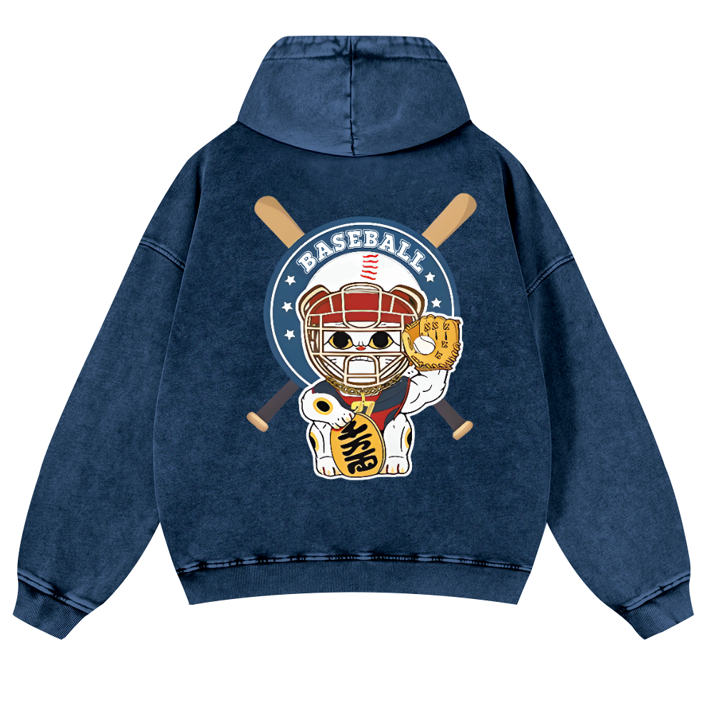 Baseball Cat Vintage Washed Cotton Back Art Hoodie