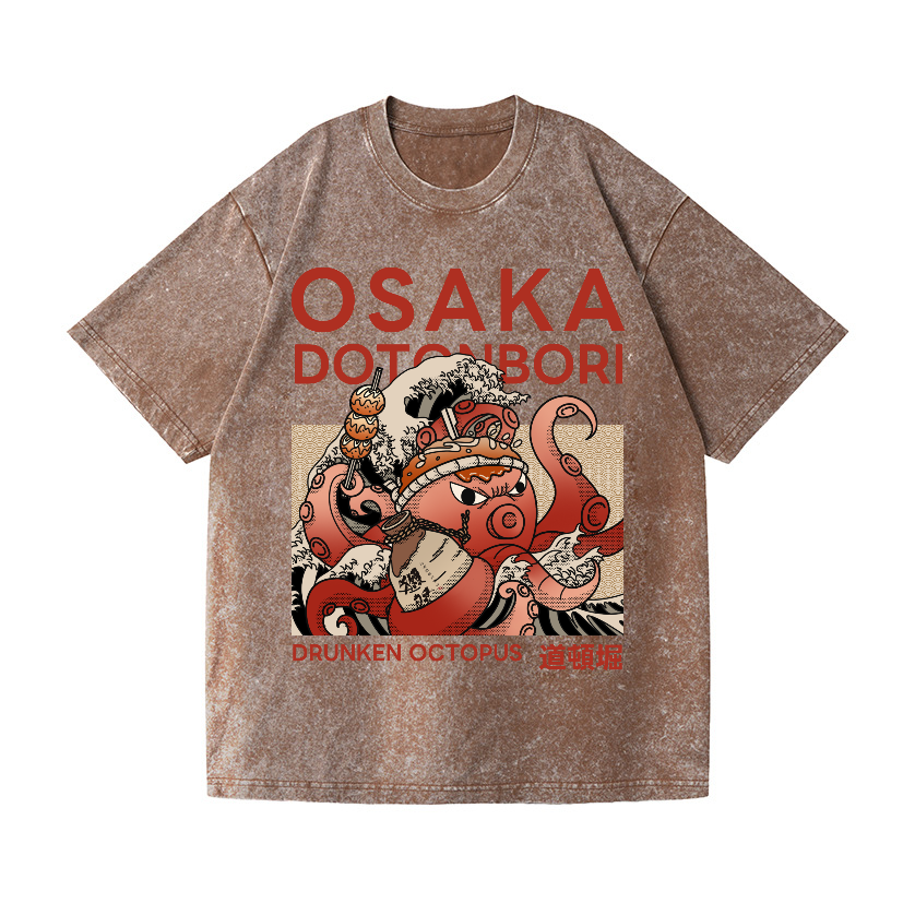 Osaka Dotonbori Drunken Octopus  Vintage Wash Japanese Design T-Shirt