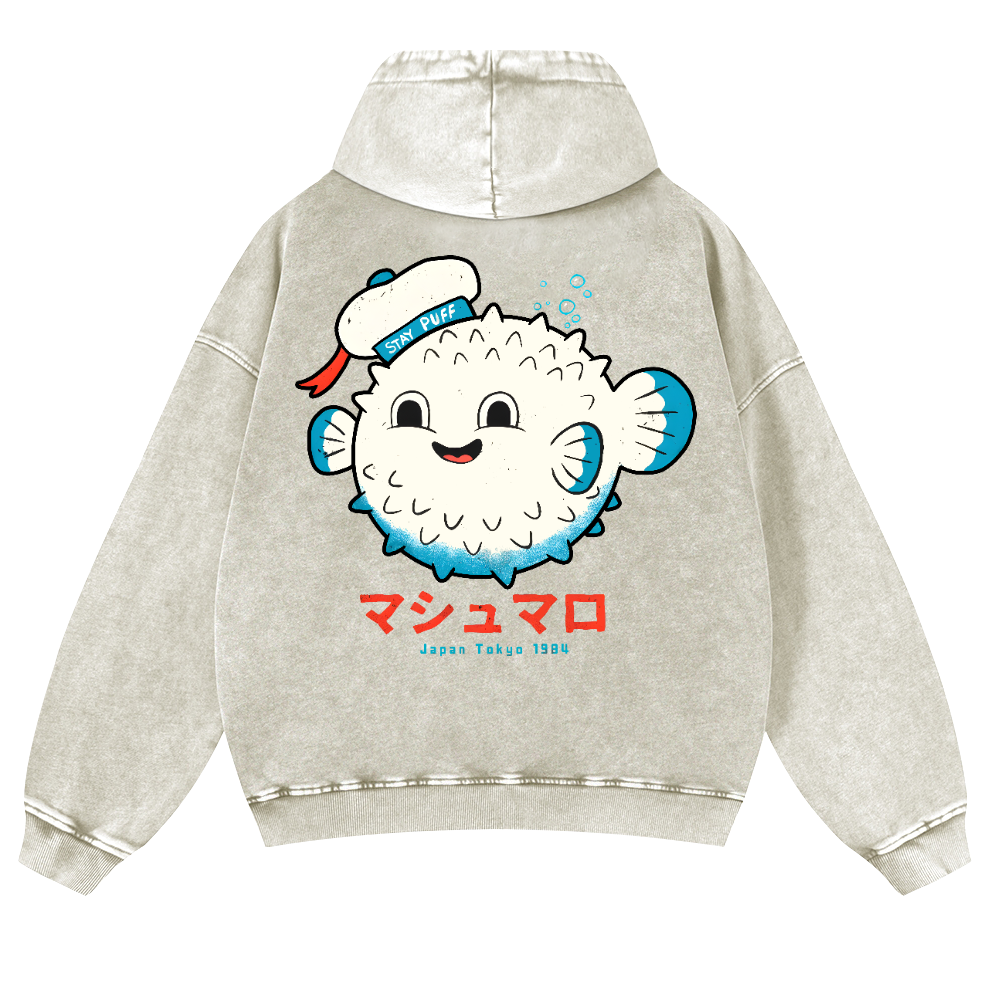 Puffer Fish Vintage Washed Cotton Back Art Hoodie