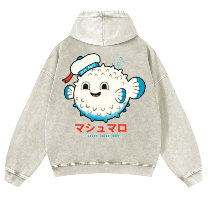 Puffer Fish Vintage Washed Cotton Back Art Hoodie