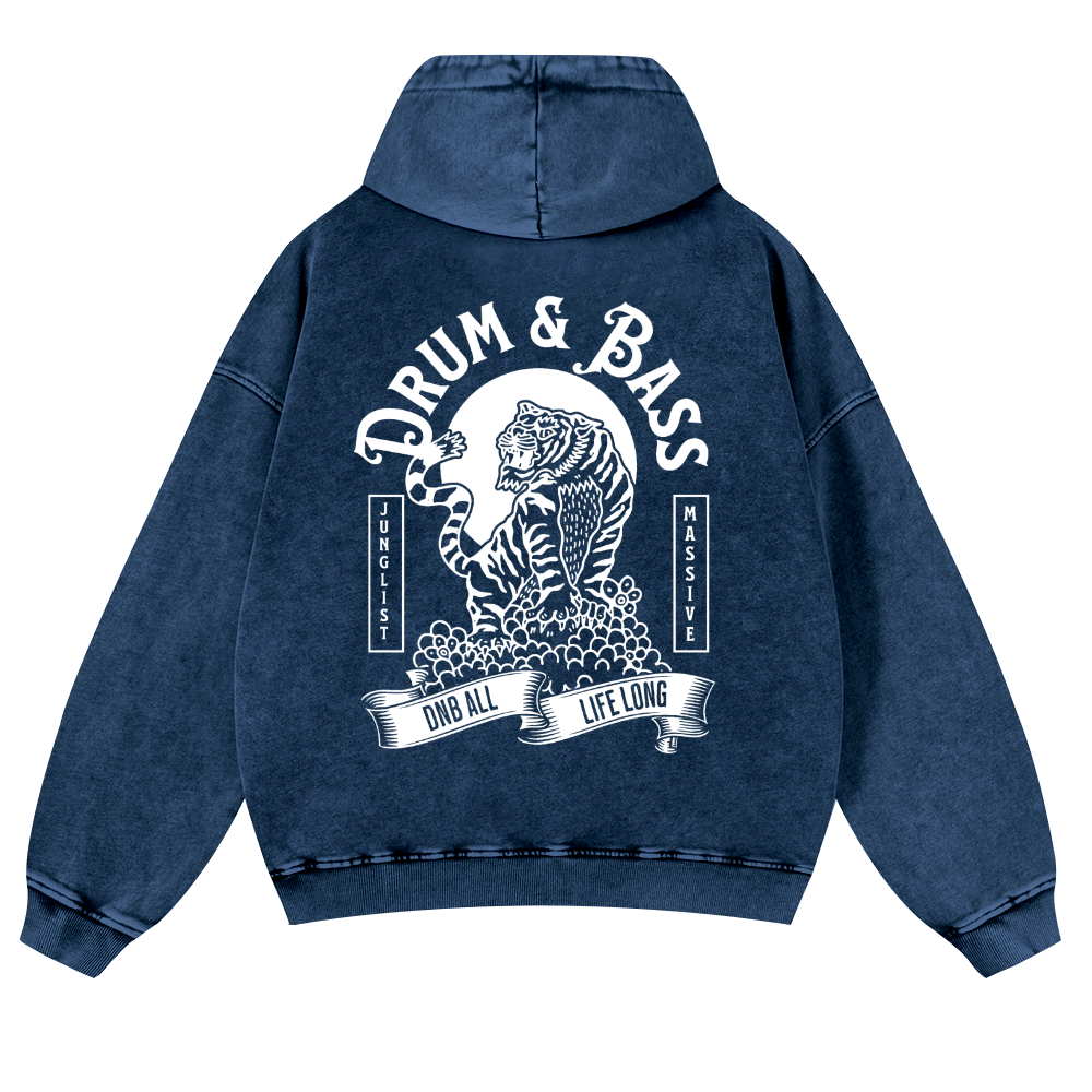 Drum and Bass Tiger Vintage Washed Cotton Back Art Hoodie