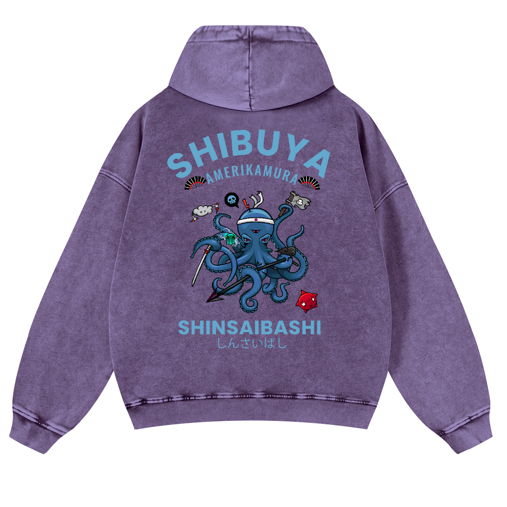 Shibuya Octopus Vintage Washed Cotton Back Art Hoodie