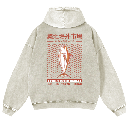 Tsukiji Outer Market Fish Vintage Washed Cotton Back Art Hoodie