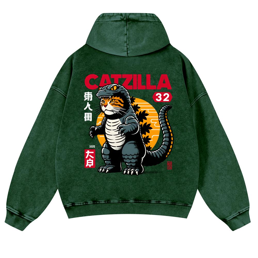 Cat Godzilla Catzilla Vintage Washed Cotton Back Art Hoodie
