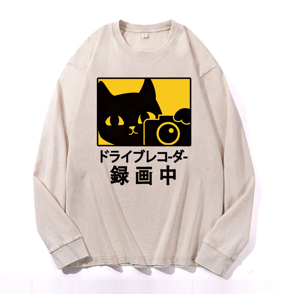 Cat Camera Vintage Cotton Wash Long-sleeve T-shirt