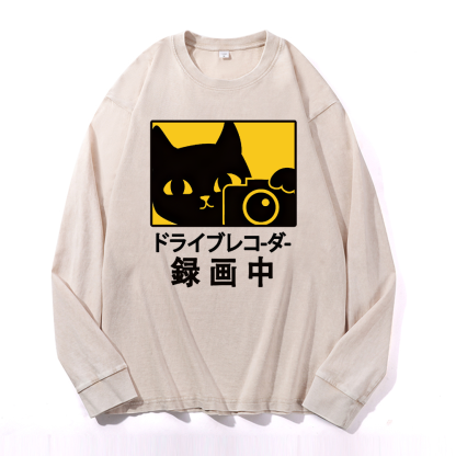 Cat Camera Vintage Cotton Wash Long-sleeve T-shirt