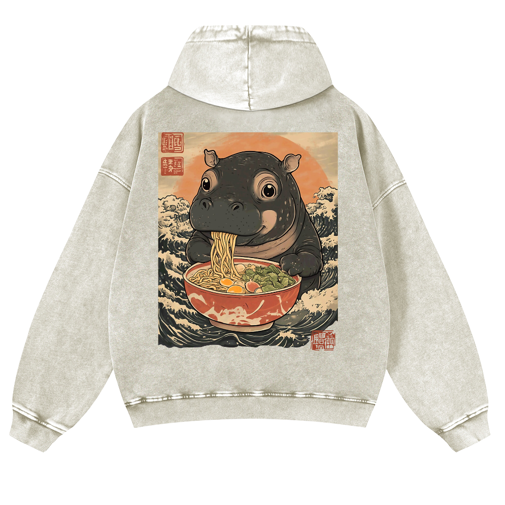Hippo Ramen Ukiyoe Vintage Washed Cotton Back Art Hoodie