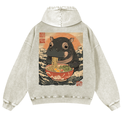 Hippo Ramen Ukiyoe Vintage Washed Cotton Back Art Hoodie