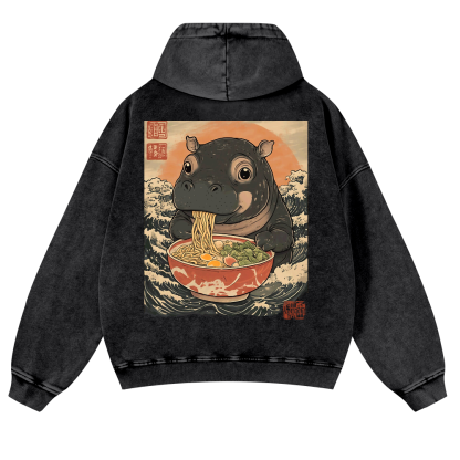 Hippo Ramen Ukiyoe Vintage Washed Cotton Back Art Hoodie