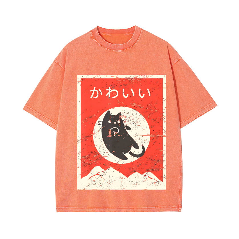 The Jumping Black Cat Vintage Wash Japanese Design T-Shirt