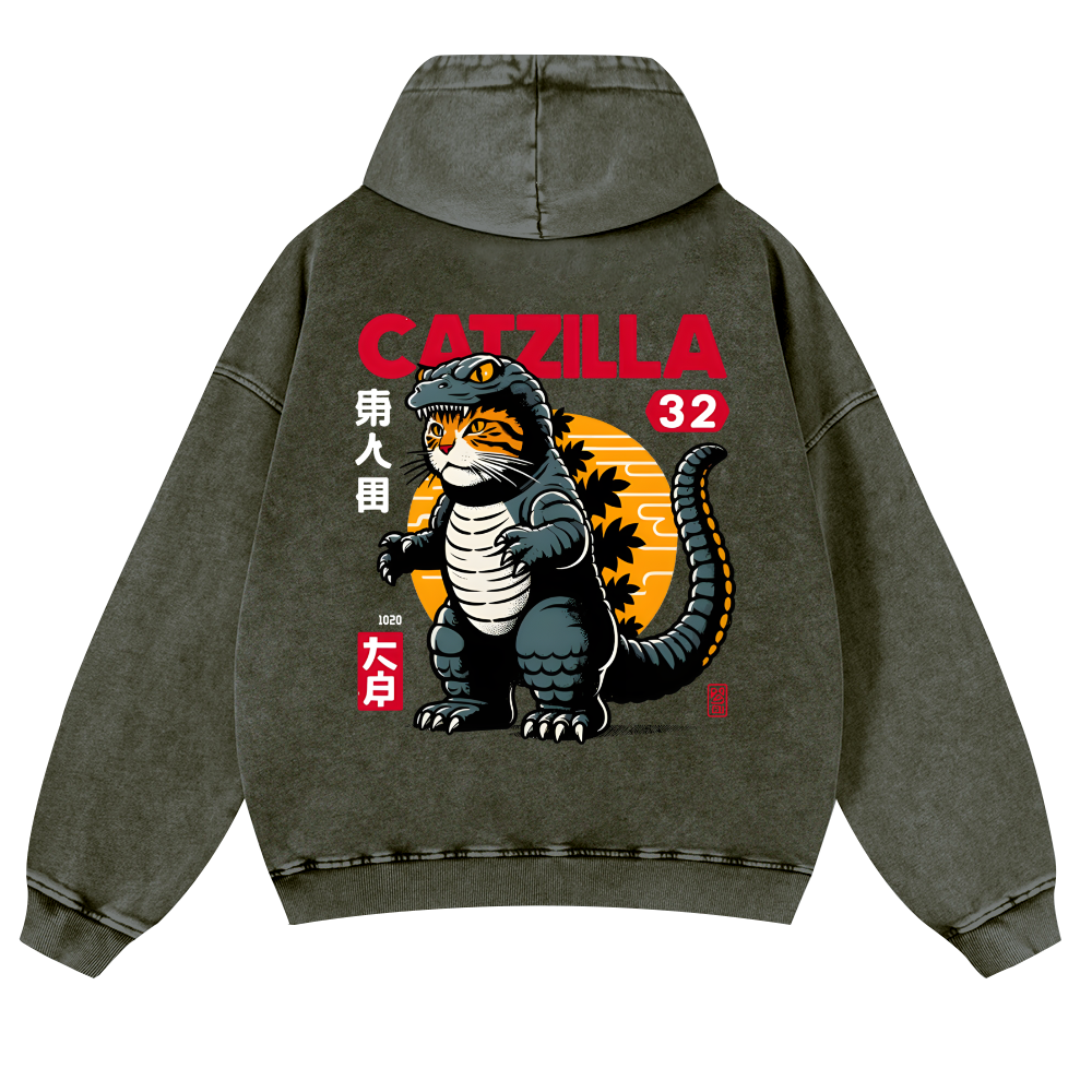 Cat Godzilla Catzilla Vintage Washed Cotton Back Art Hoodie