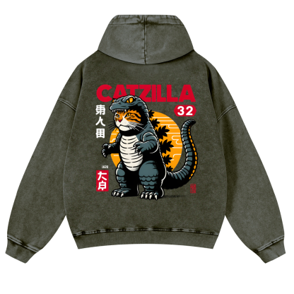Cat Godzilla Catzilla Vintage Washed Cotton Back Art Hoodie