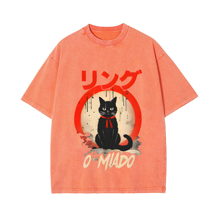 Black Cat Vintage Wash Japanese Design T-Shirt