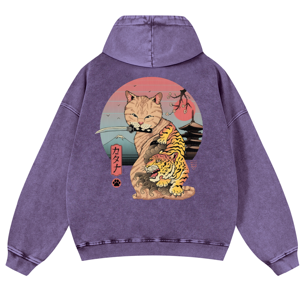 Japanese themed Cat Tiger Illustration Vintage Washed Cotton Back Art Hoodie