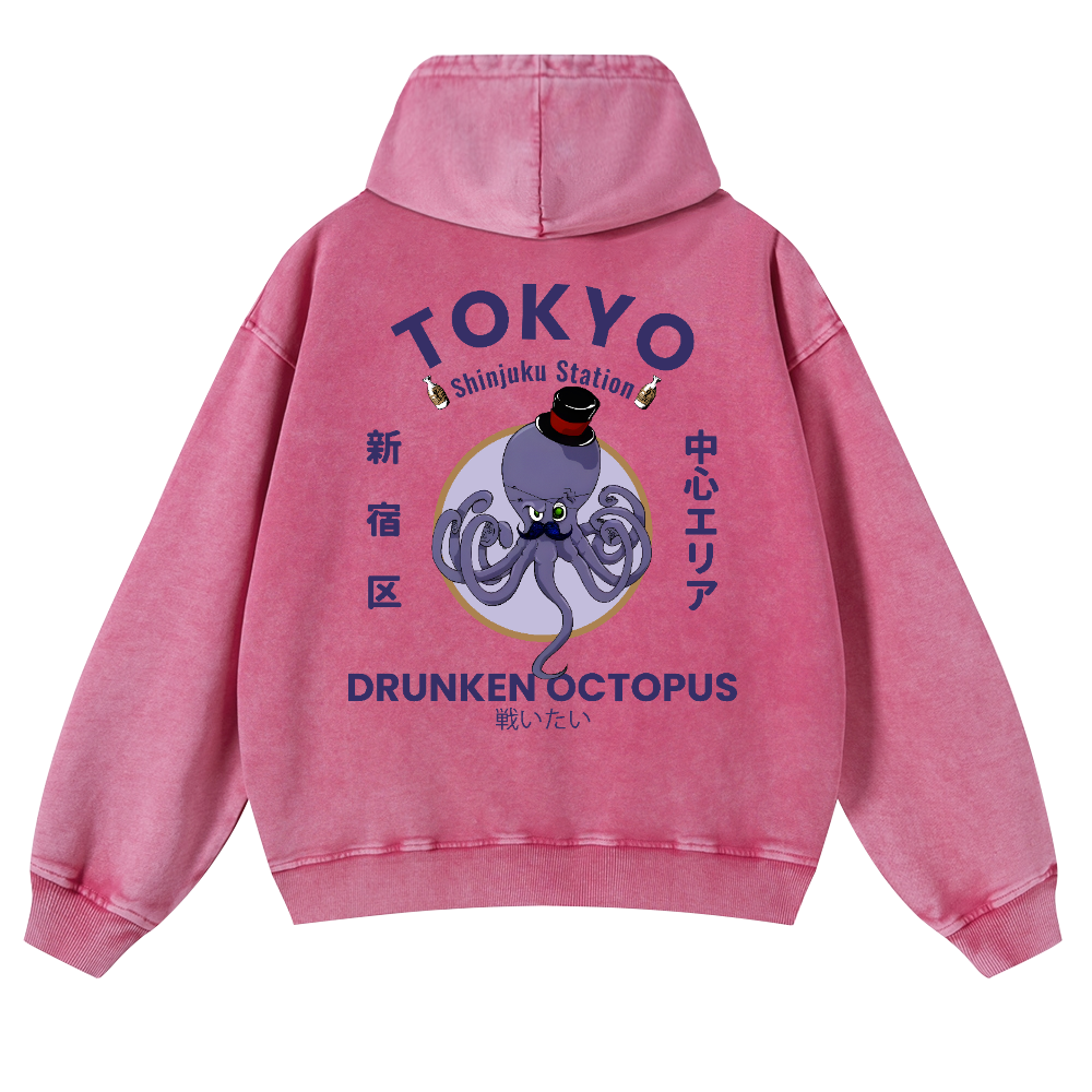 Tokyo Drunken Octopus Vintage Washed Cotton Back Art Hoodie