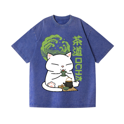Tea Cat Vintage Wash Japanese Design T-Shirt