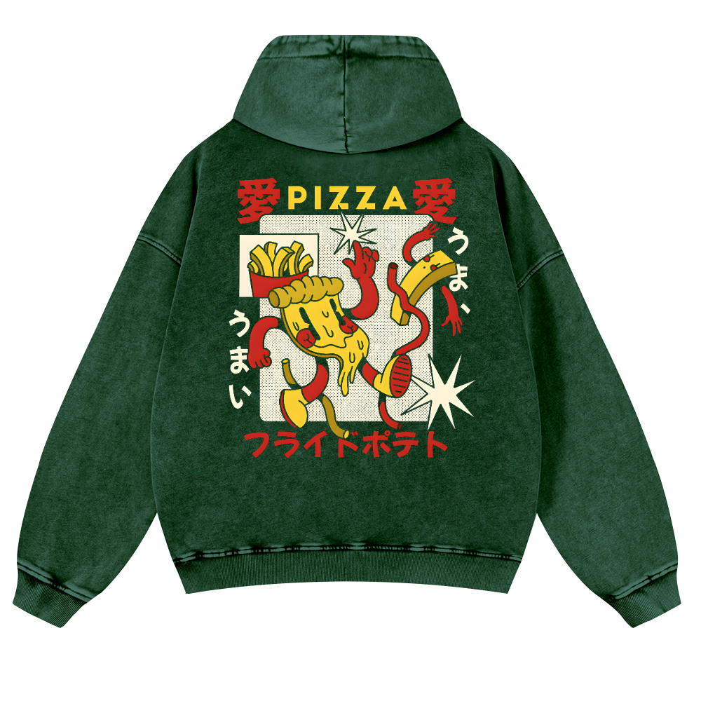 Japanese Pizza and French Fries Vintage Washed Cotton Back Art Hoodie