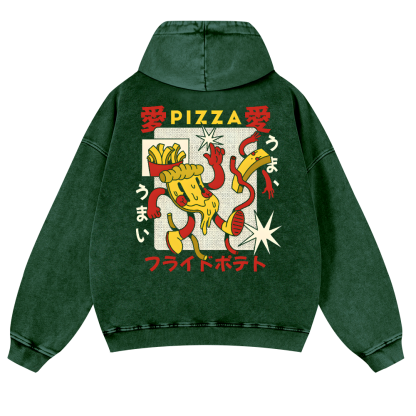 Japanese Pizza and French Fries Vintage Washed Cotton Back Art Hoodie