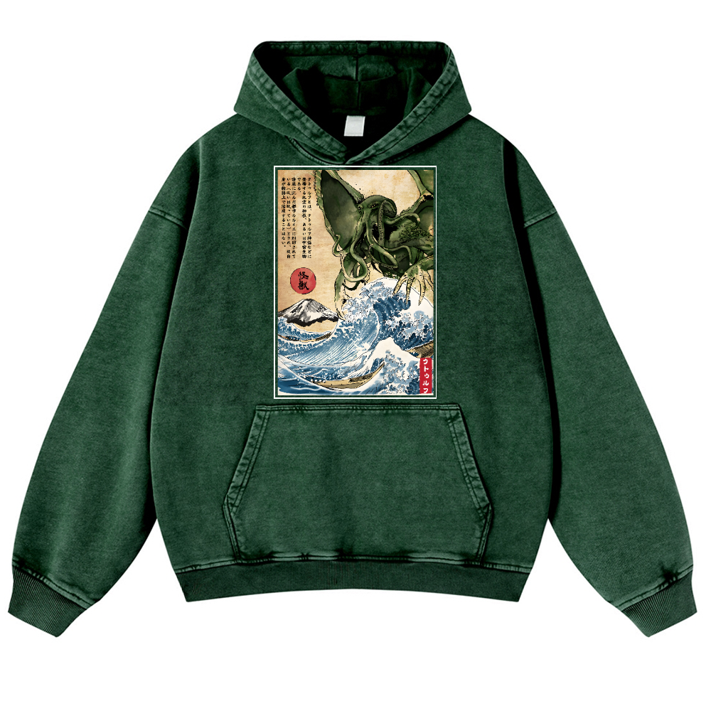 Octopus Ukiyoe Vintage Washed Thick Cotton Hoodie
