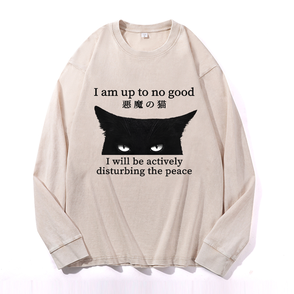 Black Devil Cat Vintage Cotton Wash Long-sleeve T-shirt