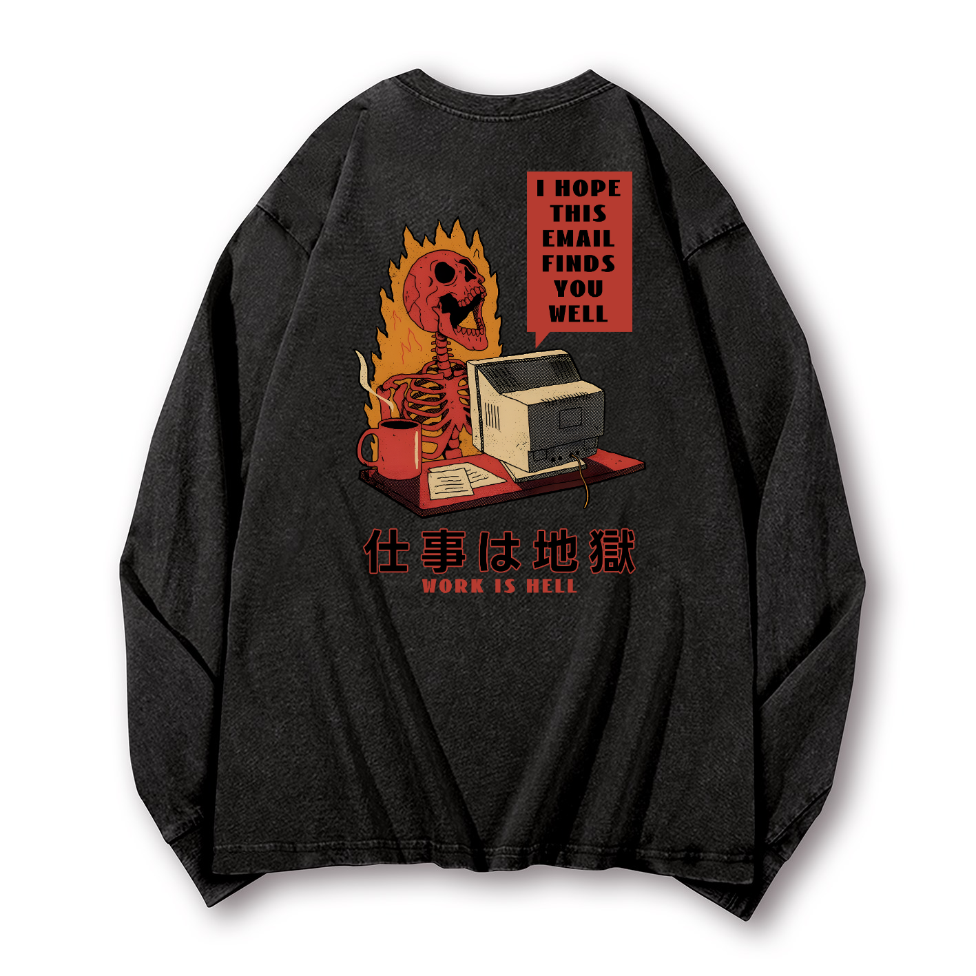 Skull Work Is Hell Vintage Washed Cotton Back Art Long-sleeve T-shirt