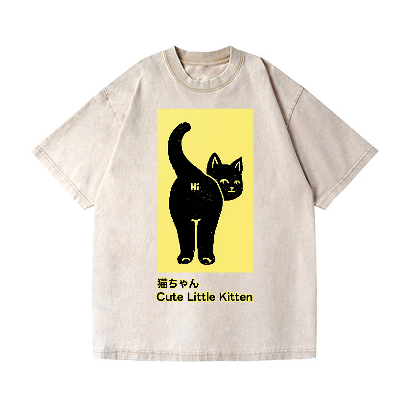 Cute Little Kitten Black Cat Vintage Wash Japanese Design T-Shirt