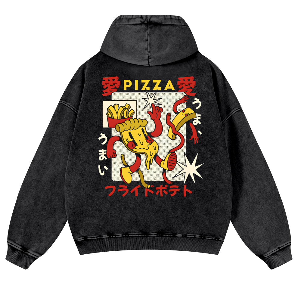 Japanese Pizza and French Fries Vintage Washed Cotton Back Art Hoodie