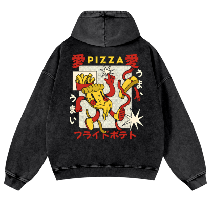 Japanese Pizza and French Fries Vintage Washed Cotton Back Art Hoodie