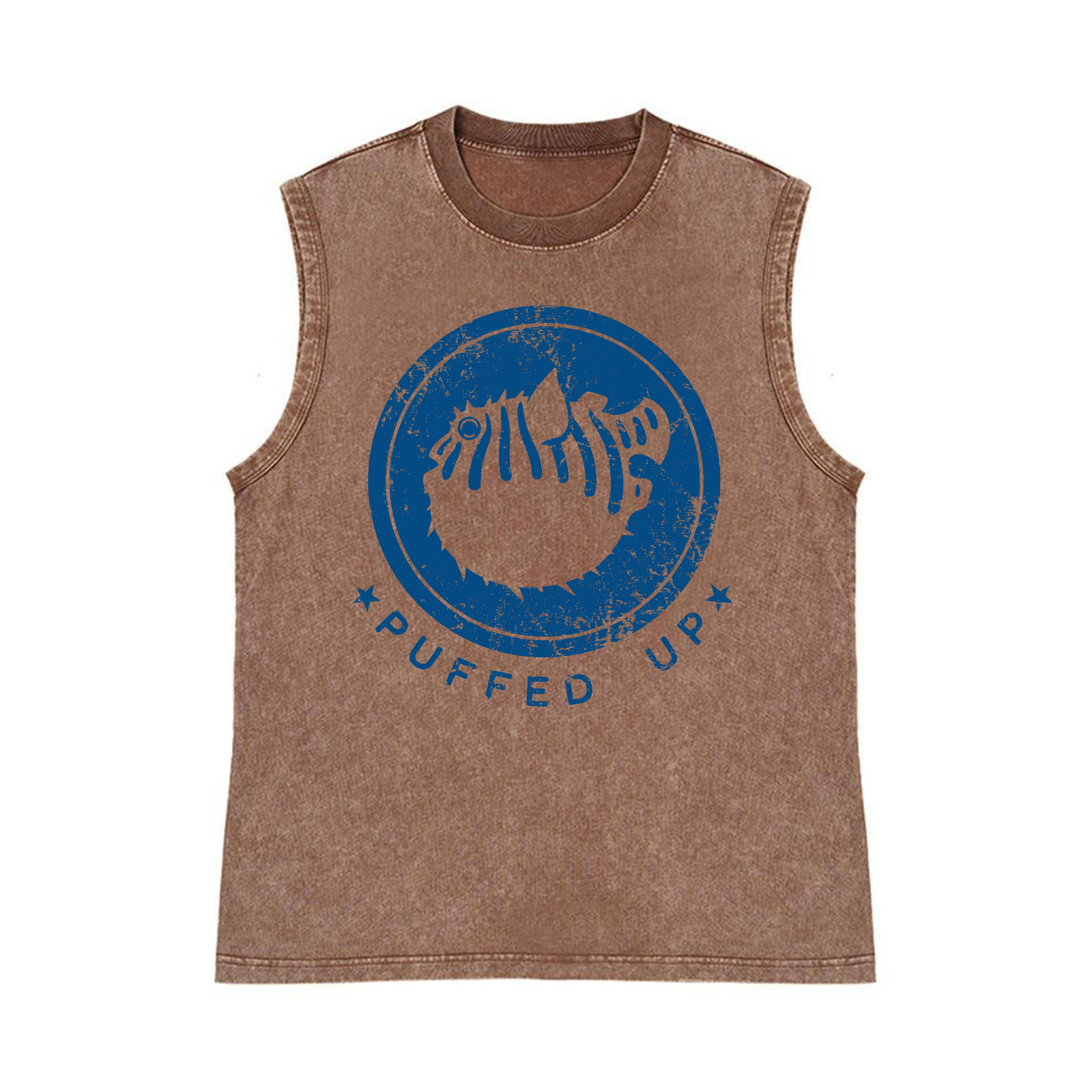 Puffed Up Fugu Fish Pure Cotton Wash-Dyed Sleeveless Tank Top