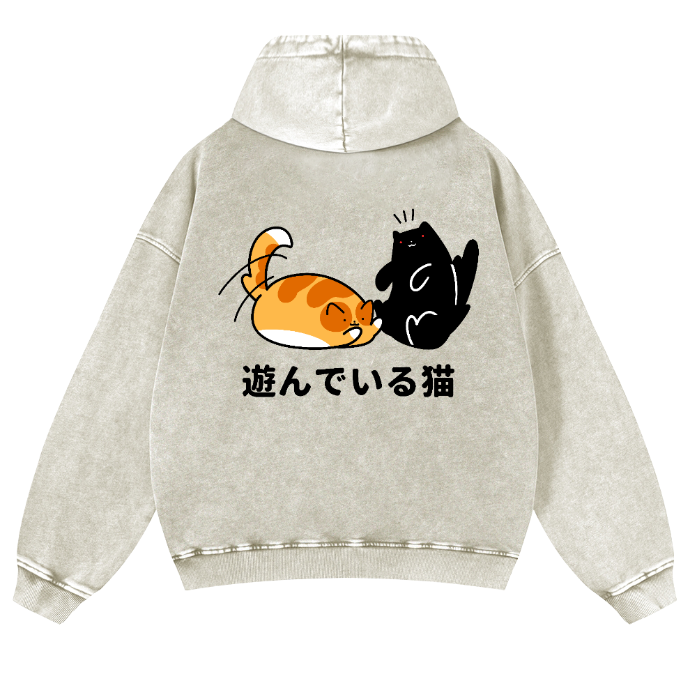 Cat Vintage Washed Cotton Back Art Hoodie