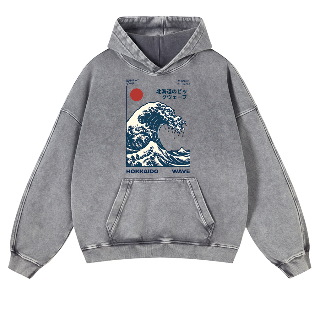 Hokkaido Wave Vintage Washed Thick Cotton Hoodie