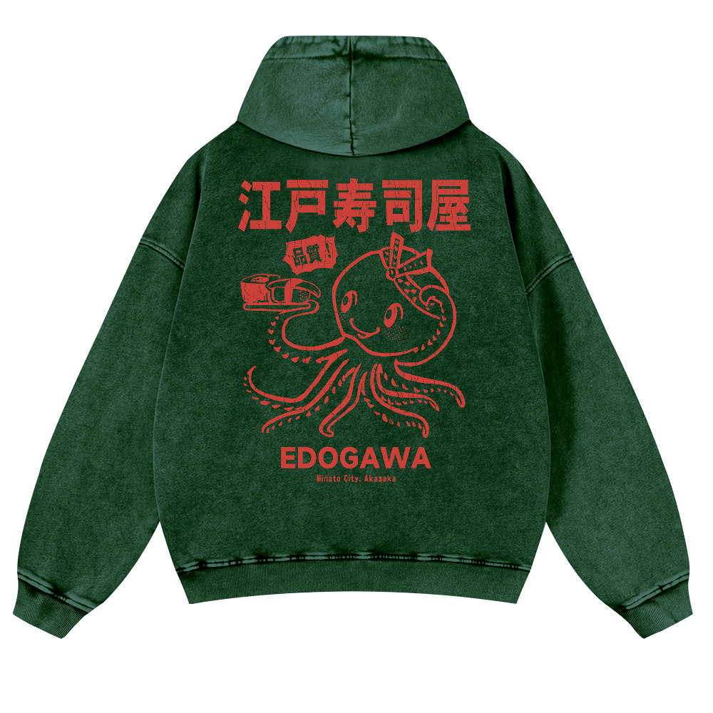 Edogawa  Octopus Vintage Washed Cotton Back Art Hoodie