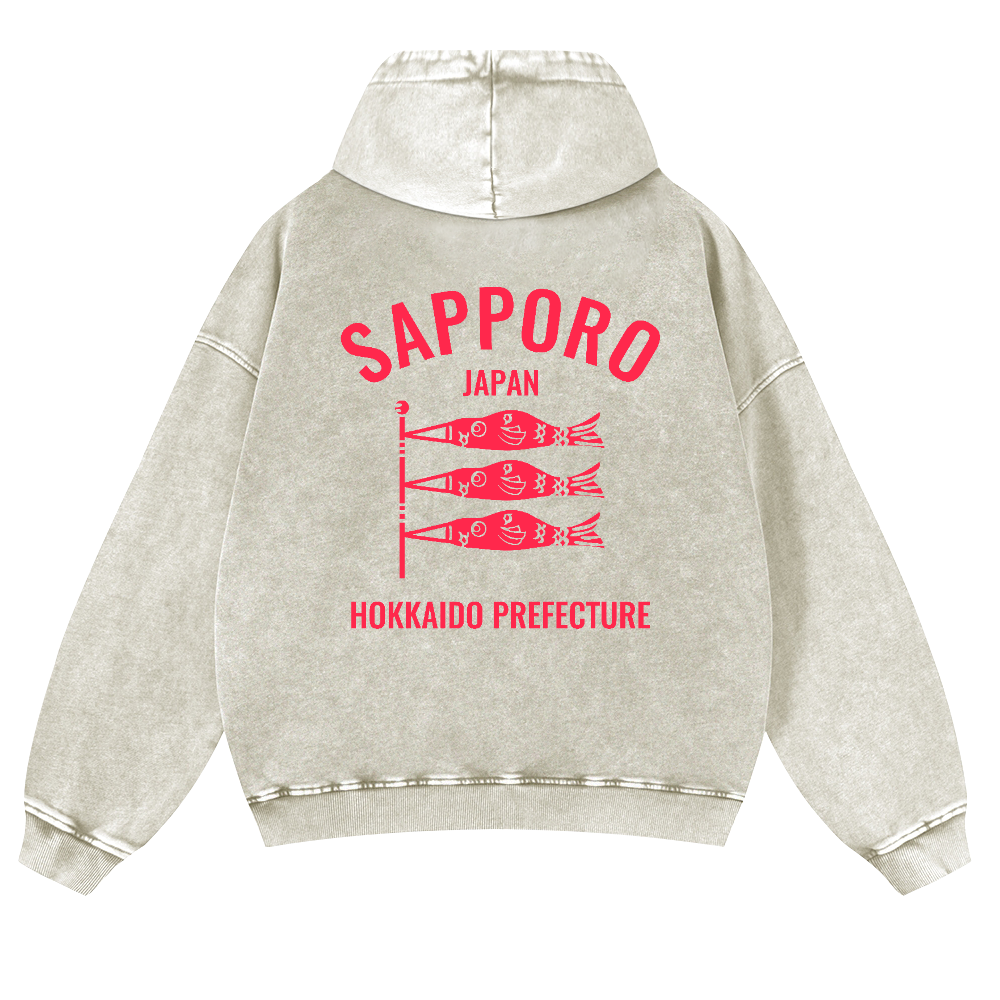 Sapporo Hokkaido Koinobori Vintage Washed Cotton Back Art Hoodie