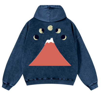 Mount Fuji Cat Moon Vintage Washed Cotton Back Art Hoodie