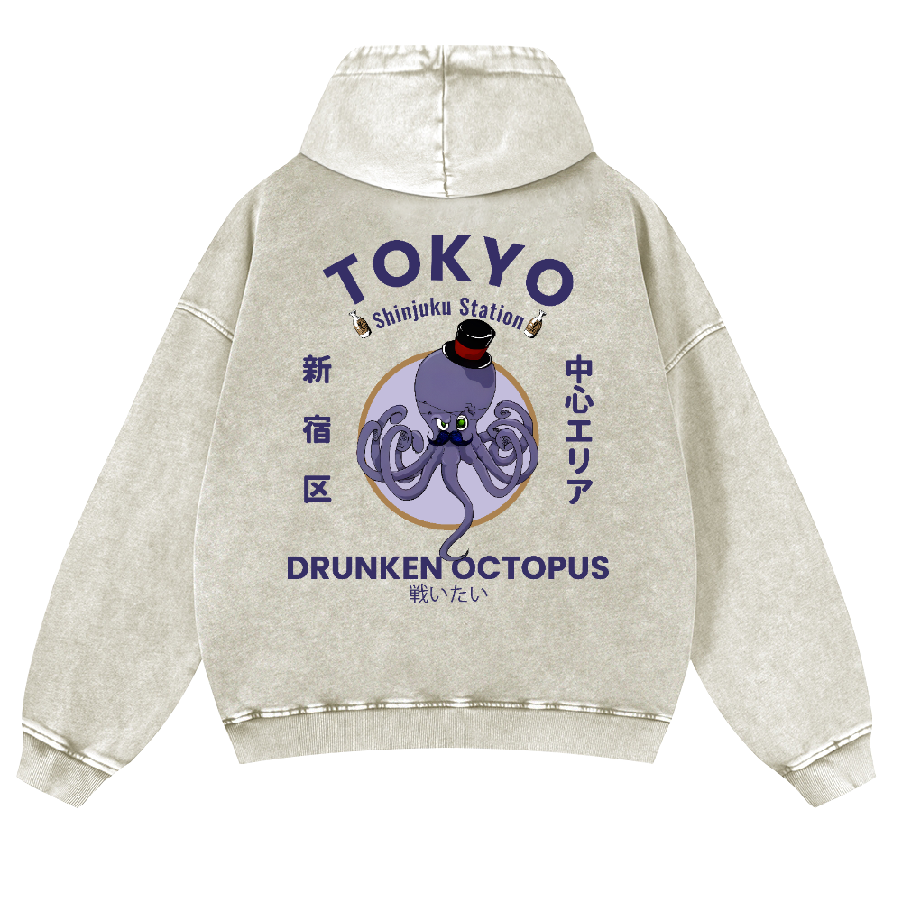 Tokyo Drunken Octopus Vintage Washed Cotton Back Art Hoodie