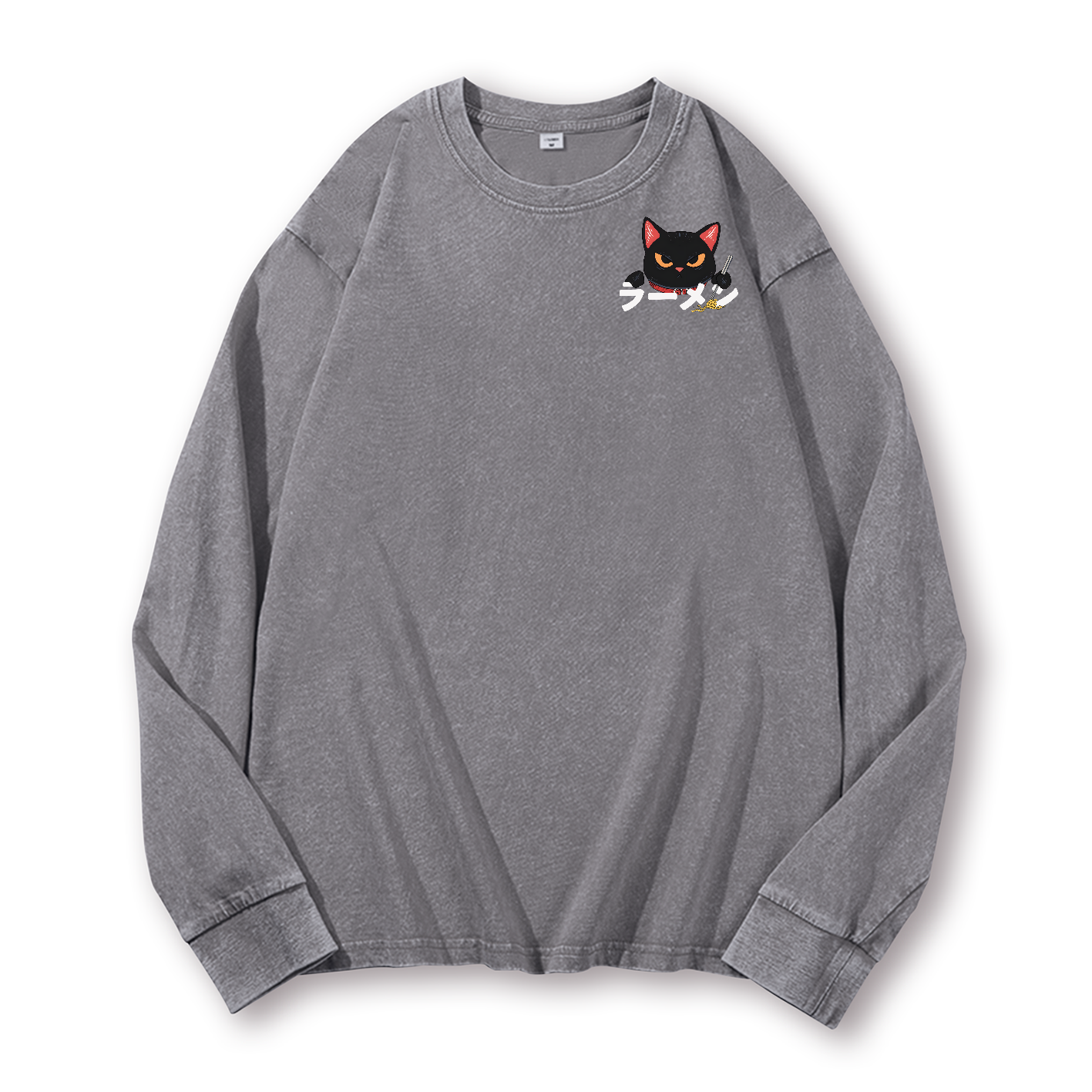 Ramen Black Cat Vintage Washed Cotton Back Art Long-sleeve T-shirt