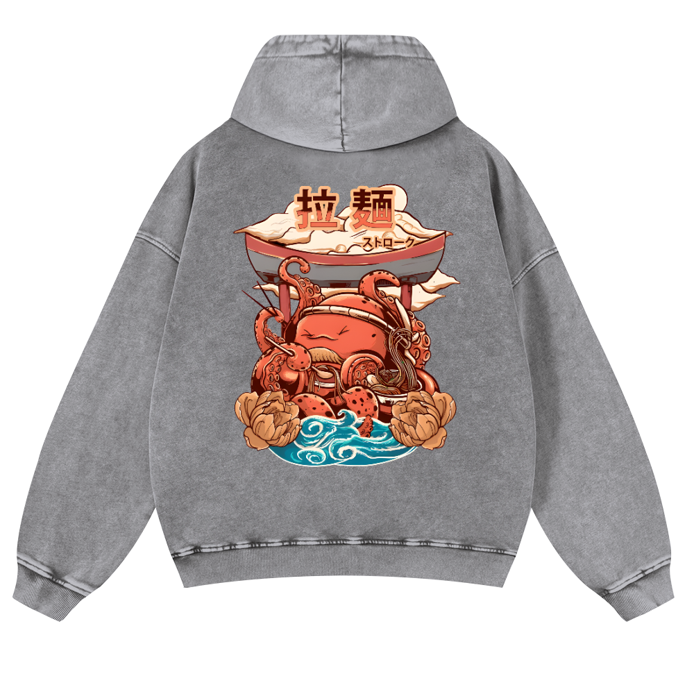 Ramen Octopus Vintage Washed Cotton Back Art Hoodie
