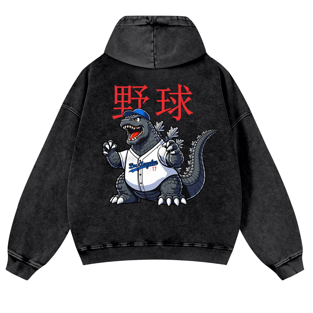 Godzilla Baseball Vintage Washed Cotton Back Art Hoodie