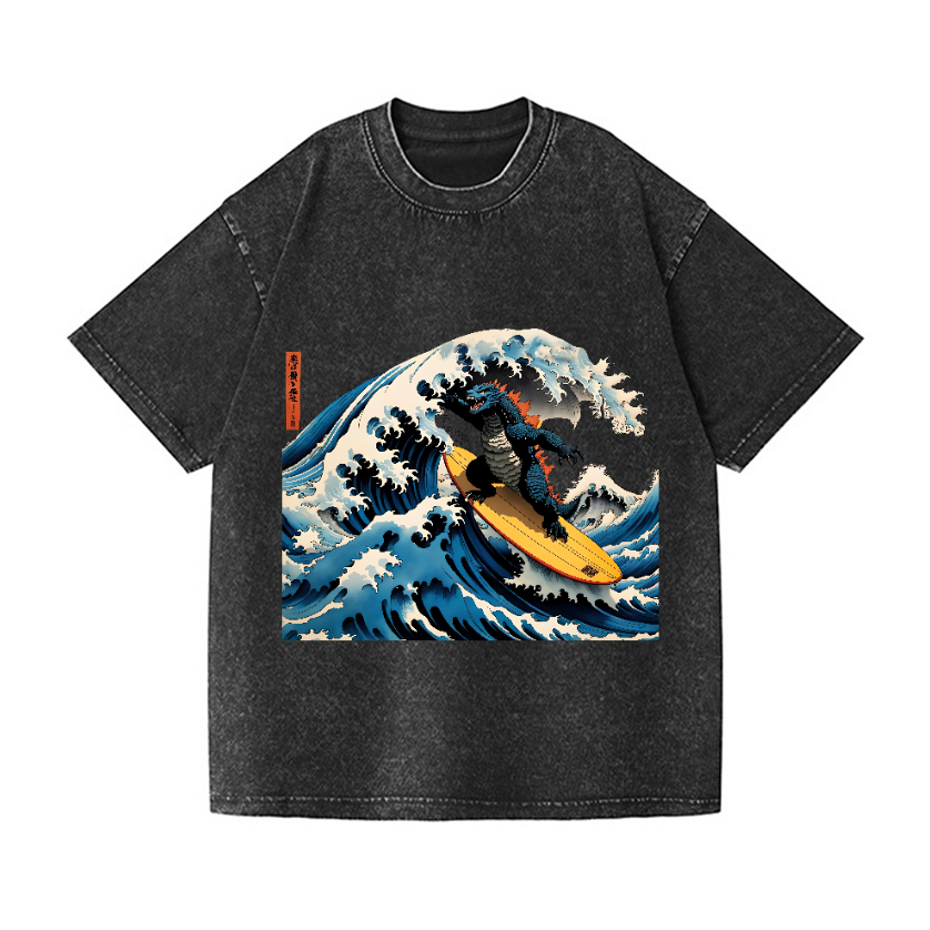 Godzilla Wave Vintage Wash Japanese Design T-Shirt