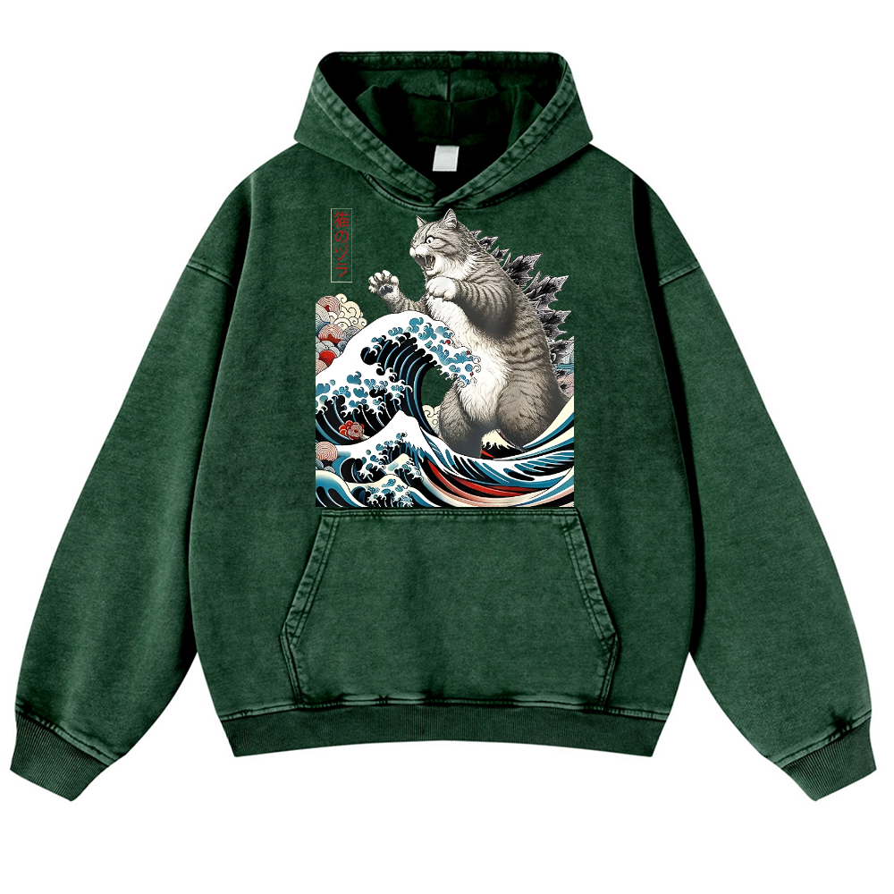 Cat Godzilla Ukiyoe Great Wave Vintage Washed Thick Cotton Hoodie