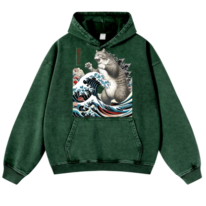 Cat Godzilla Ukiyoe Great Wave Vintage Washed Thick Cotton Hoodie
