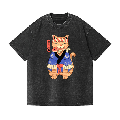 Cat Vintage Wash Japanese Design T-Shirt
