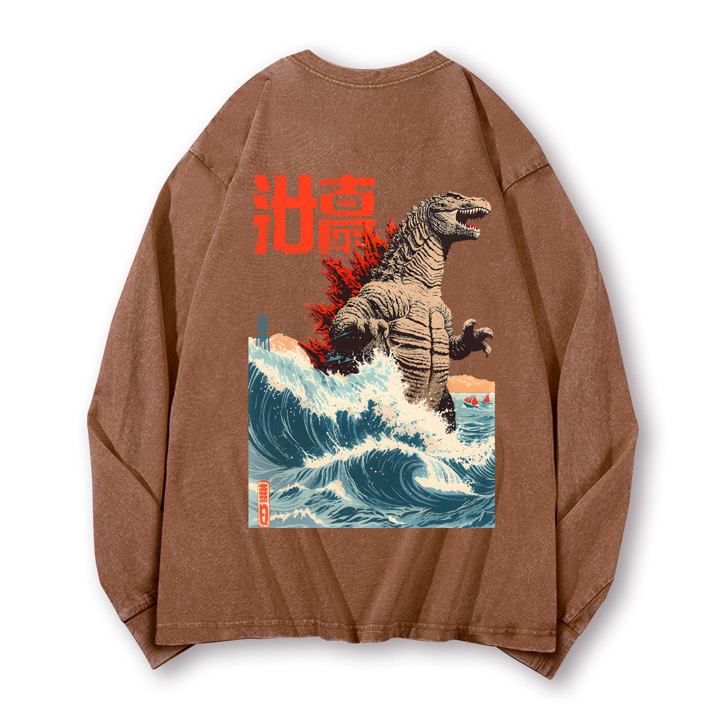 Godzilla Wave Vintage Washed Cotton Back Art Long-sleeve T-shirt