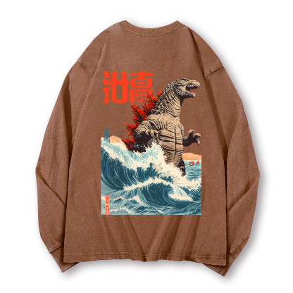 Godzilla Wave Vintage Washed Cotton Back Art Long-sleeve T-shirt