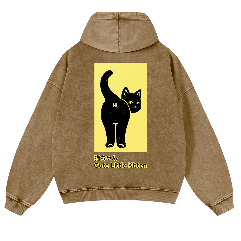 Cute Little Kitten Black Cat Vintage Washed Cotton Back Art Hoodie
