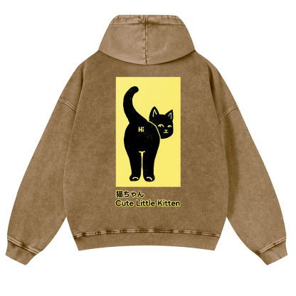 Cute Little Kitten Black Cat Vintage Washed Cotton Back Art Hoodie