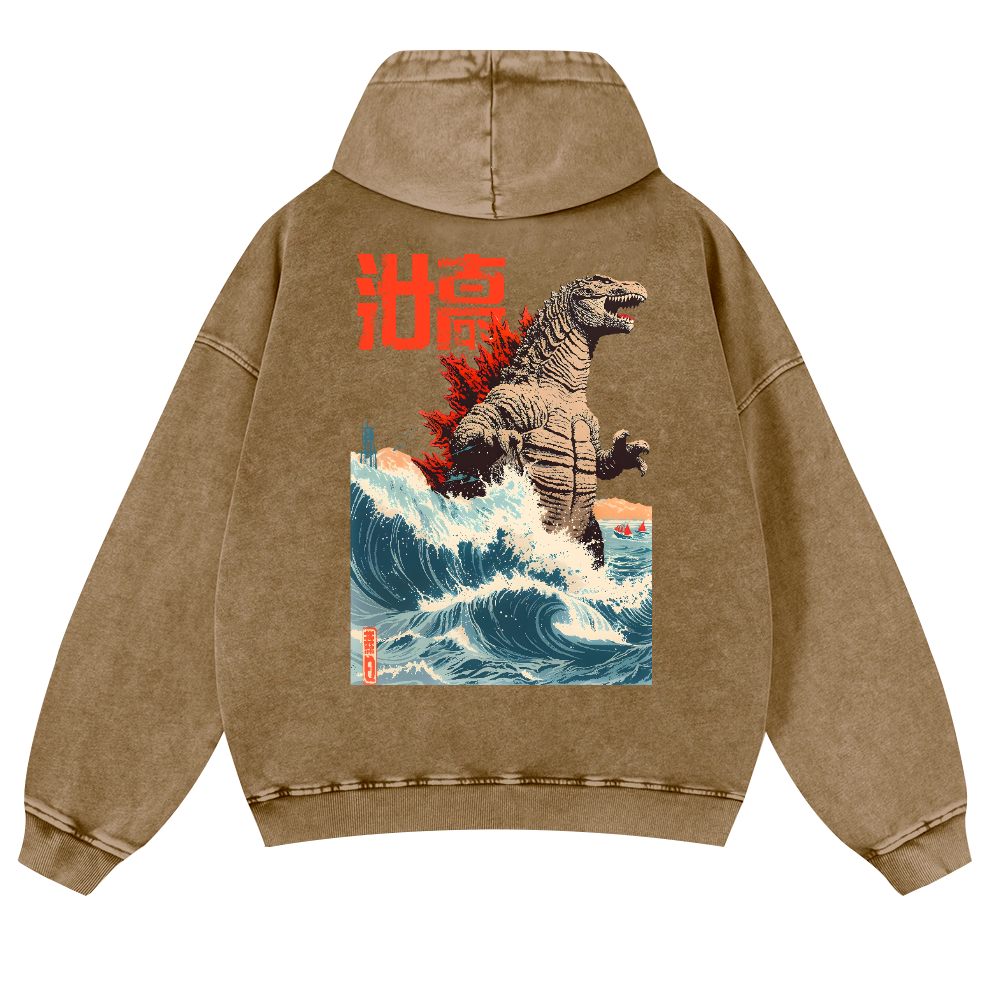 Godzilla Wave Vintage Washed Cotton Back Art Hoodie