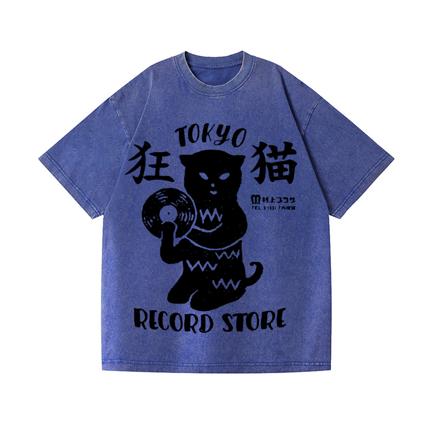 Tokyo Cat Record Store Vintage Wash Japanese Design T-Shirt