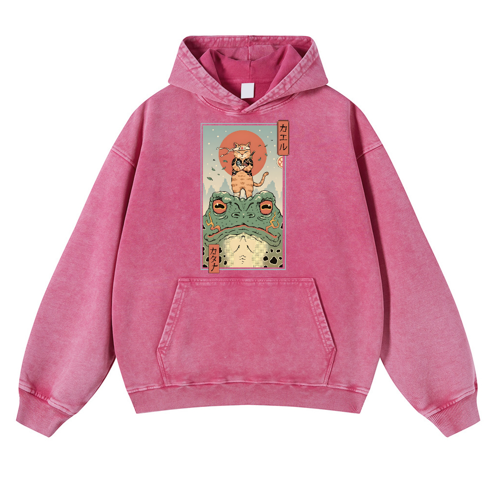 Ninja Cat and Frog Vintage Washed Thick Cotton Hoodie