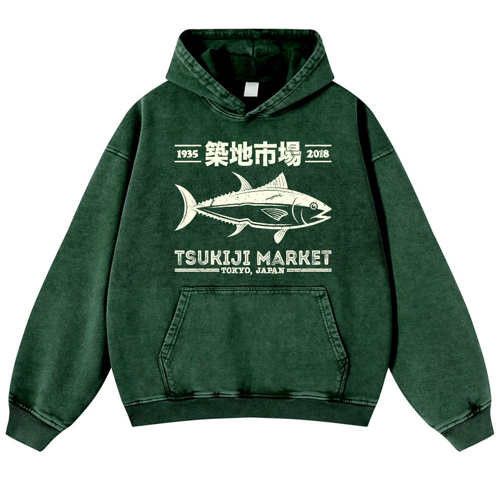 Tsukiji Market Tuna Fish Vintage Washed Thick Cotton Hoodie
